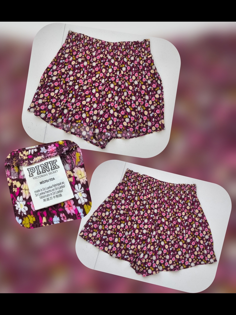 PINK Victoria's Secret Purple Floral Smoked Elastic-Waist Shorts Size Med